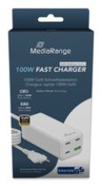 Cargador MediaRange 100W 4 puertos 1x USB-A 3x USB-C GaN, blanco